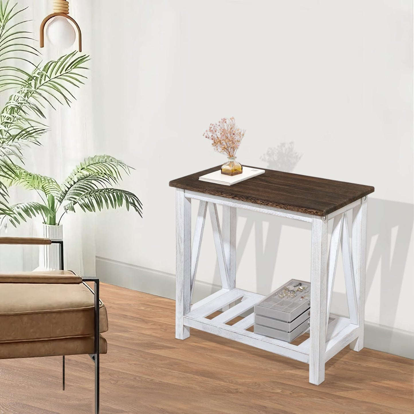 FEUFOAM Farmhouse End Table Narrow Side Table Living Room Slim End Tables with Storage Shelf 2 Tier Nightstand for Bedroom Hallway Dormitory, Rustic Brown and White