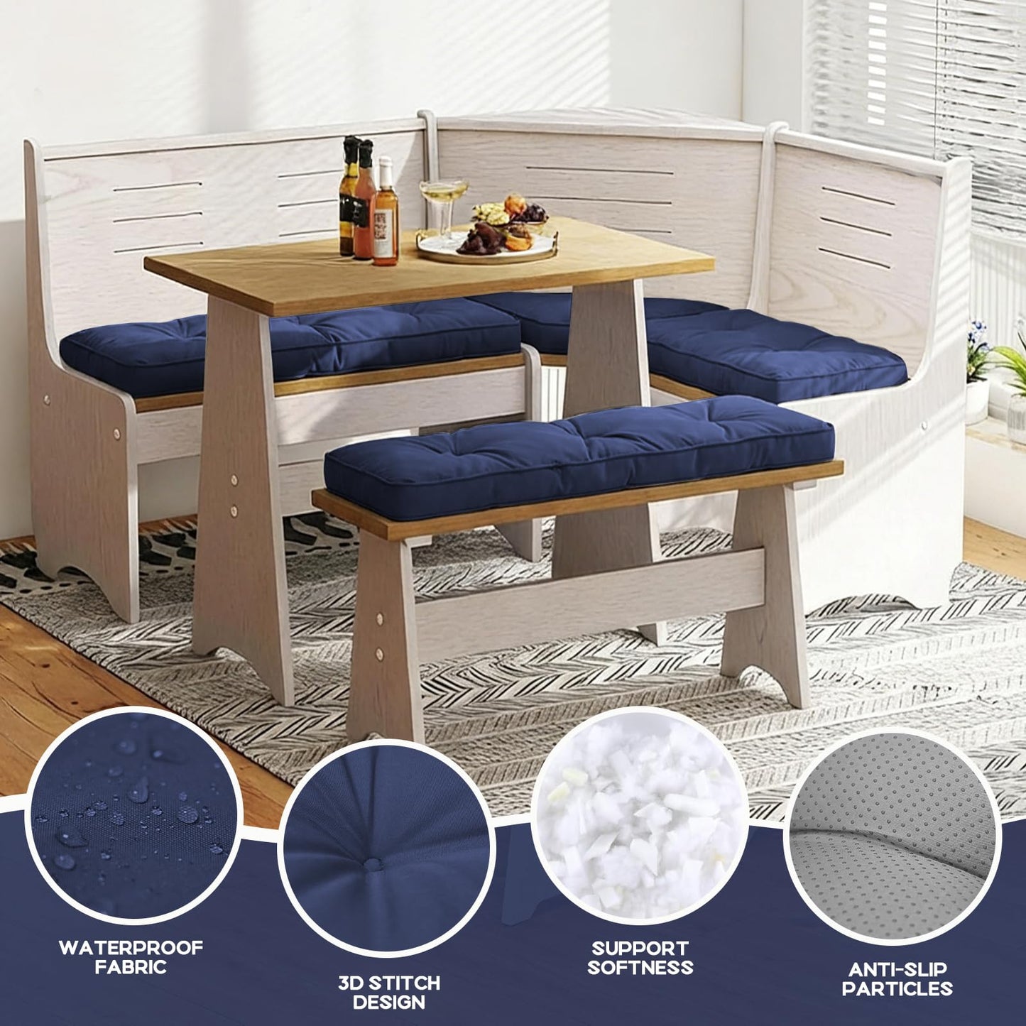 CTLAMK Breakfast Nook Cushions Set of 4, Waterproof Oxford Fabric Kitchen Nooks Cushions, Soft Polyester Filling Cozy Supportive Nooks Cushion, Breakfast Nook Cushion Cozy Dining Area Seating,Blue