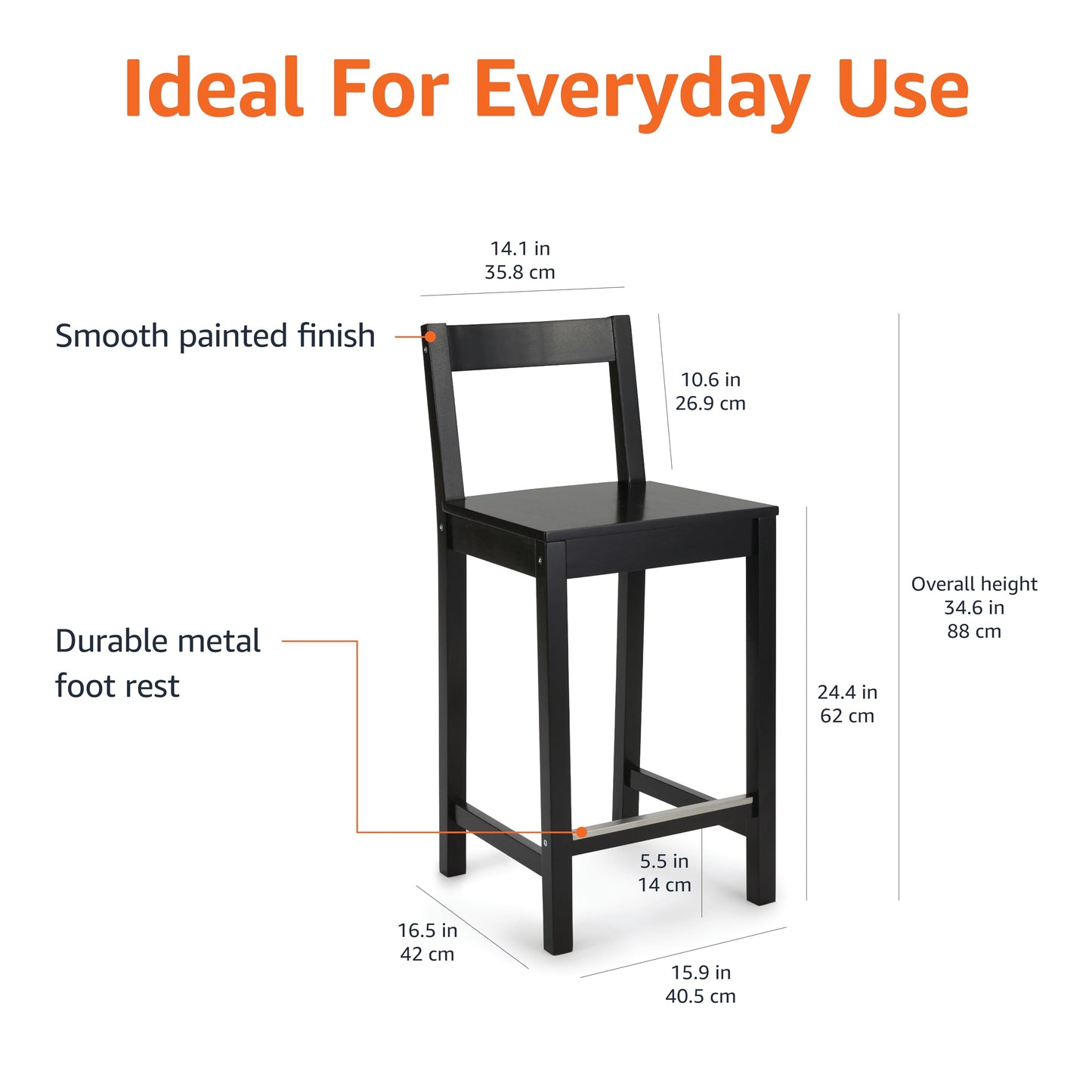 Amazon Basics Wooden Counter Height Bar Stool with Backrest for Kitchen Island, Home Bar, 24", Black, 1 Unit