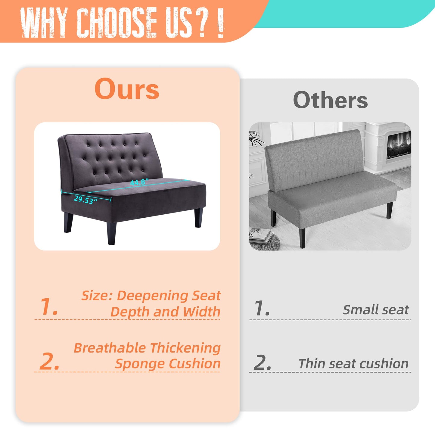 Alunaune Upholstered Loveseat Couch for Living Room, Armless Bedroom Settee Small Love Seat Sofa Tufted Button Dining Room Bench - Dark Grey
