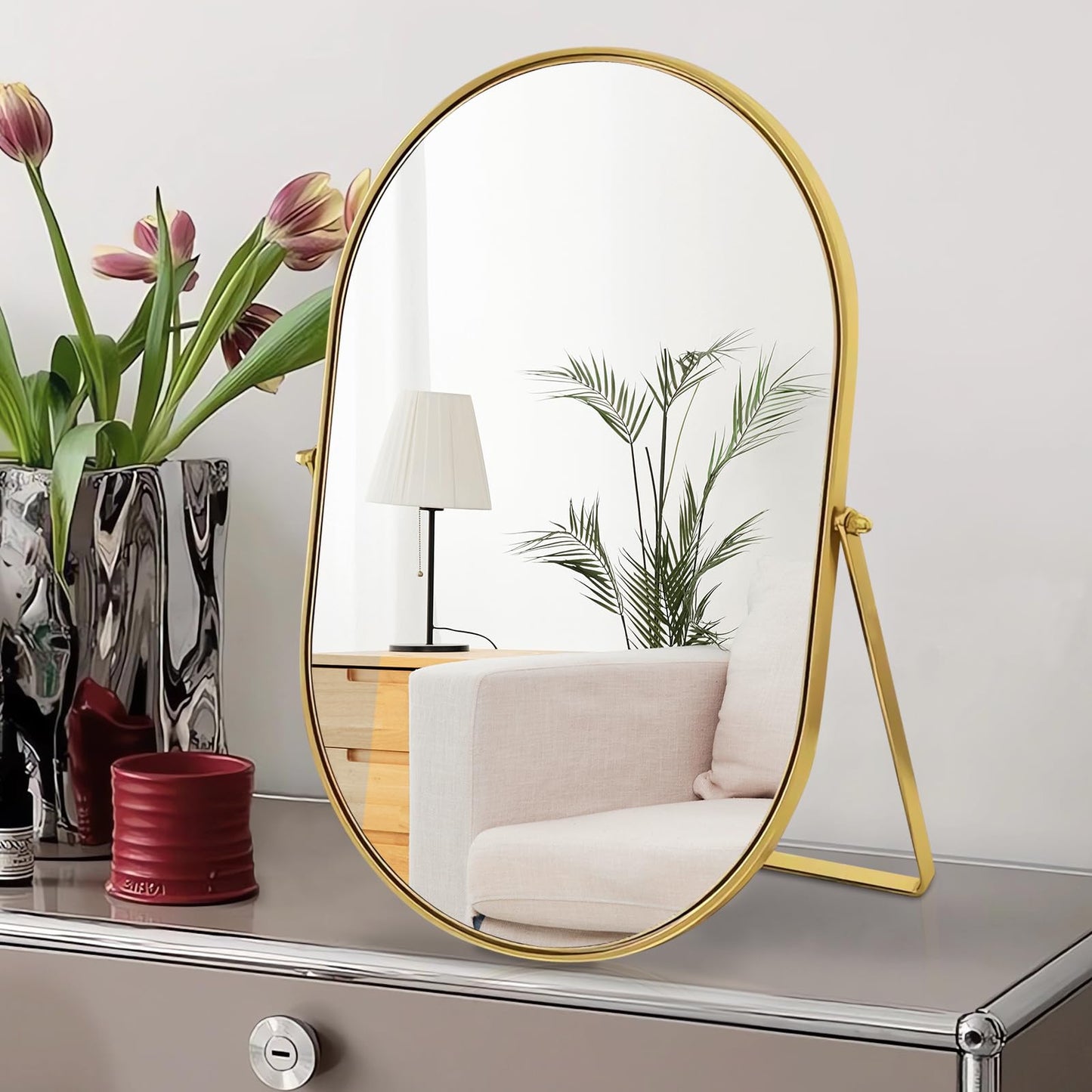 Numjeg Vanity Desk Table Mirror Oval Makeup Mirror 90°Adjustable Rotation Golden Metal Framed Standing Mirrors Room Decor for Living Room,Bedroom,Tabletop,Bathroom
