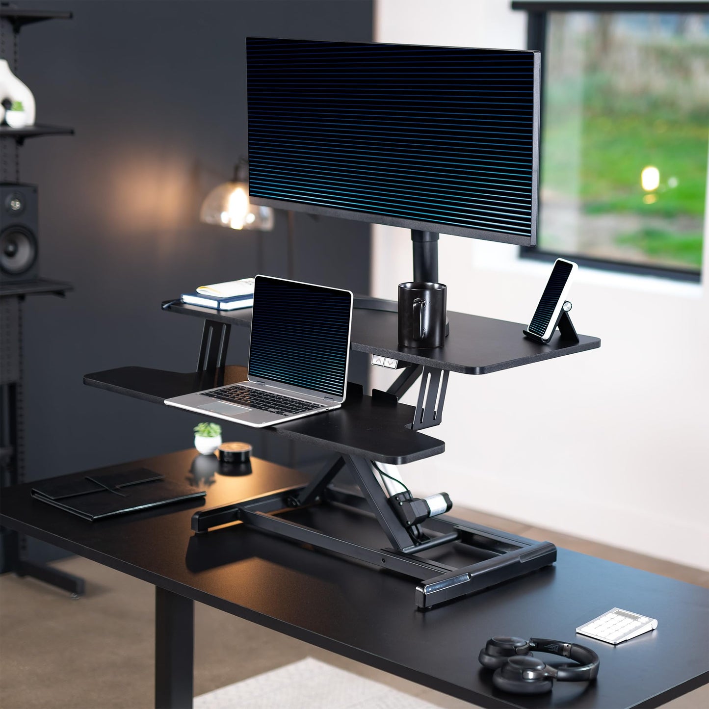 VIVO 36 inch Electric Motor Desk Converter, Height Adjustable Riser, Sit to Stand Dual Monitor and Laptop Workstation with Wide Keyboard Tray, Black, DESK-VE36B