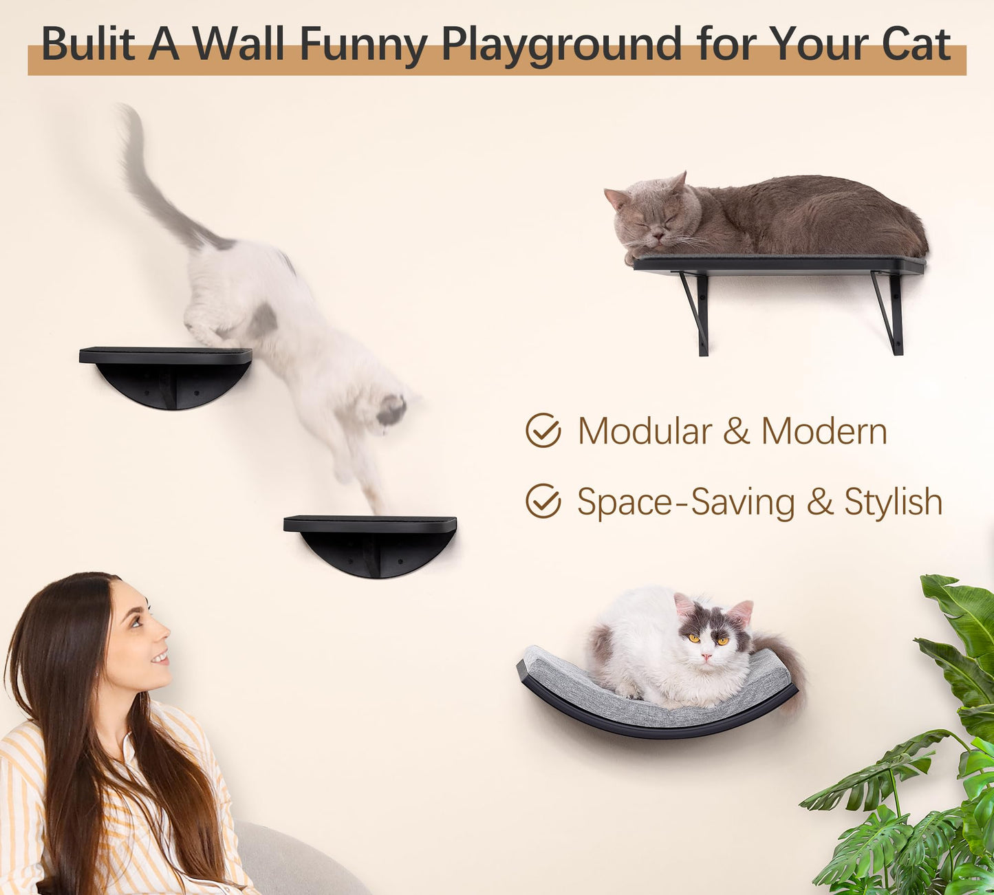 PELUOMOZ Cat Wall Shelf, Curved Cats Wall Bed, Wall Mounted Cat Grey Climbing Shelves for Sleeping, Playing, and Lounging