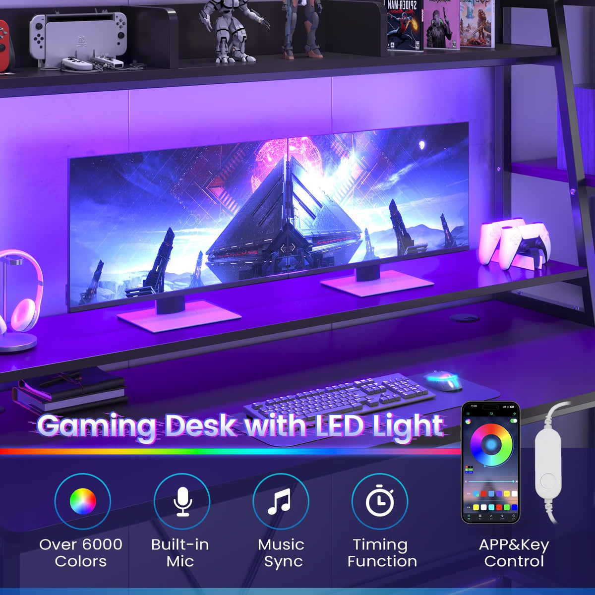 SEDETA Gaming Desk 78.8'' with LED Lights, Hutch and Storage Shelves, Computer Desk with Monitor Stand, Large PC Gamer Desk Workstation, Ergonomic Gaming Table for Bedroom, Living Room, Black