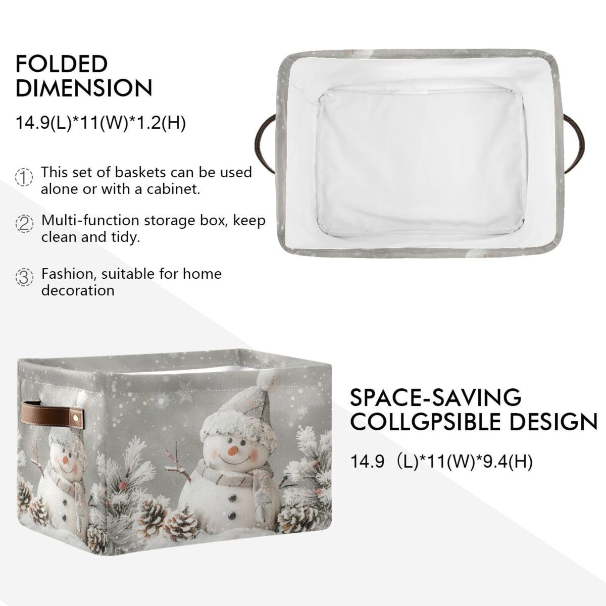 senya Christmas Storage Basket, Snowman Pine Cones Snowflake Foldable Fabric Collapsible Storage Bins Organizer Bag for Storage Clothes