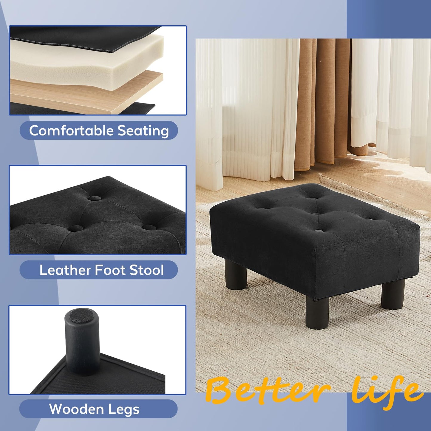 FIMIVIBI Small Foot Stool Ottoman, Velvet Footstool Ottoman Foot Rest for Couch, Rectangle Footstools and Ottomans Small for Living Room, Entryway and Bedroom (Black)