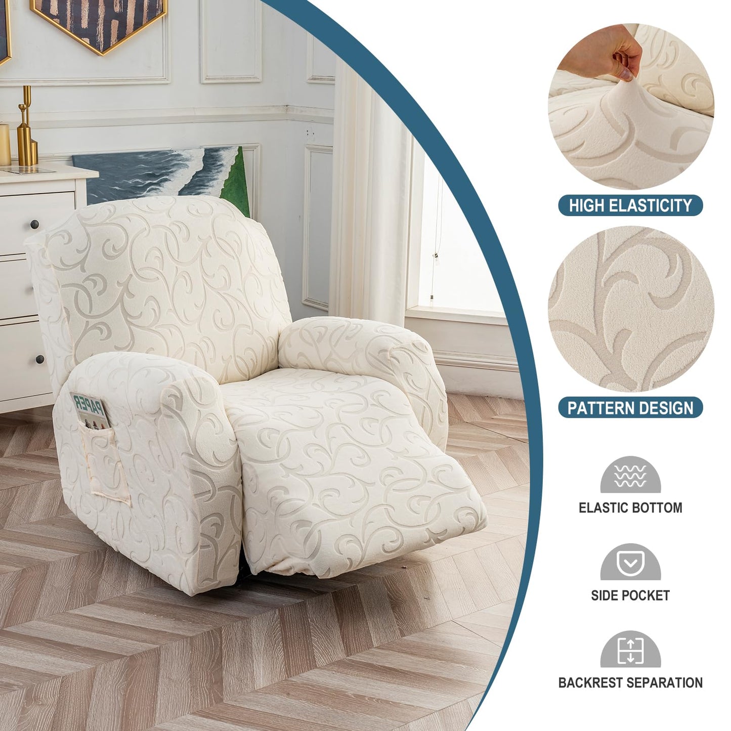 YUEANG 4 Pieces Recliner Cover Stretch Sofa Slipcover, Sofa Couch Cover for Reclining Couch 1 Seat, Washable Furniture Protector with Elastic Bottom for Kids, Dog