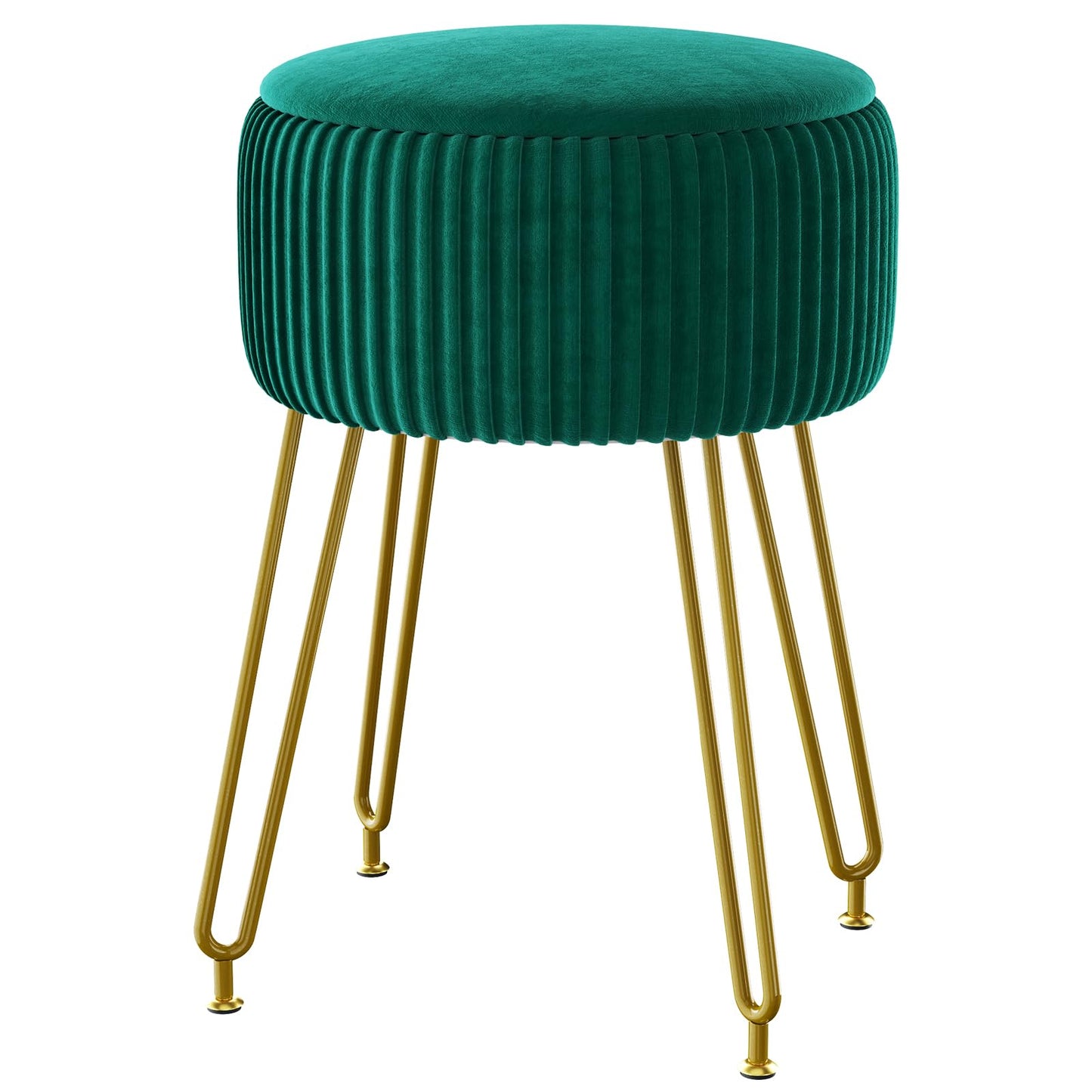 IBUYKE Velvet Storage Footrest Stool Ottoman, Makeup Vanity Stool Side Table with Golden Steel Legs Removable Cover, Coffee Table Top Cover, Green LG-20L