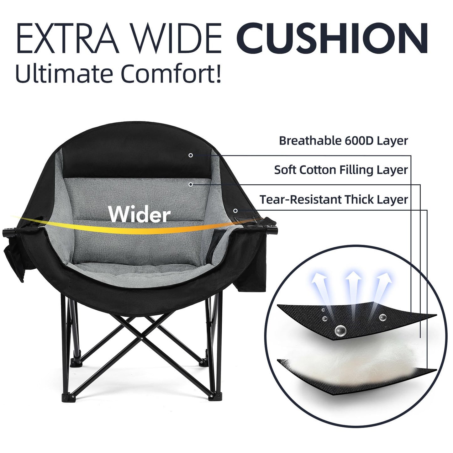 Oversized Camping Chair for Adults - Heavy Duty Outdoor Padded Large Lawn Camp Chair with Cup Holder Cooler Pockets for Sports Beach Fishing Garden Portable Supports 500lbs, Black/Grey 2 Pack