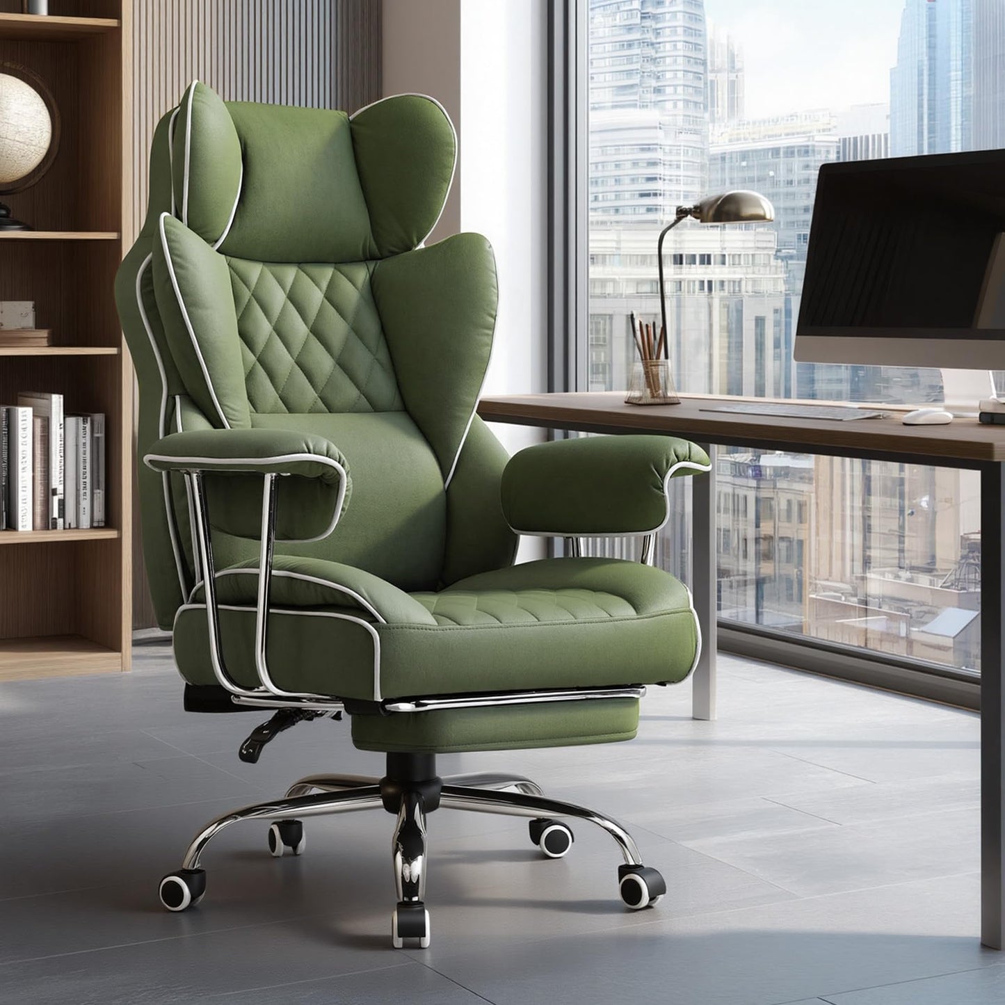 GTPLAYER Gaming Chair,Office Chair with Pocket Spring Lumbar Support, Ergonomic Comfortable Wide Office Desk Computer Chair with Outward Fixed Soft Armrests and Footrest (Fabric, Green)
