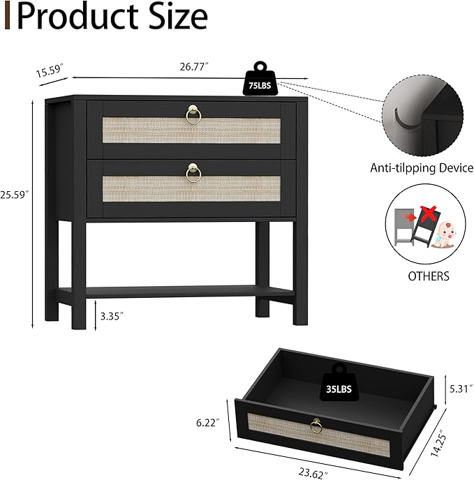 Xixini Nightstand Set of 2, Rattan Boho Bedside Table