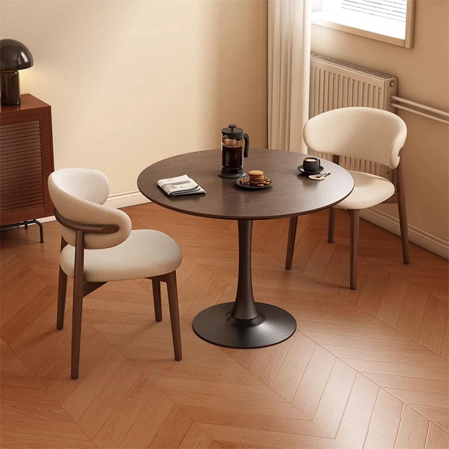 HYYTEIBL 23.4" Round Tulip Dining Table for 2-4 People with Walnut Top and Black Metal Pedestal Base, Mid-Century Modern Small Space Table for Kitchen, Living Room, Cafe