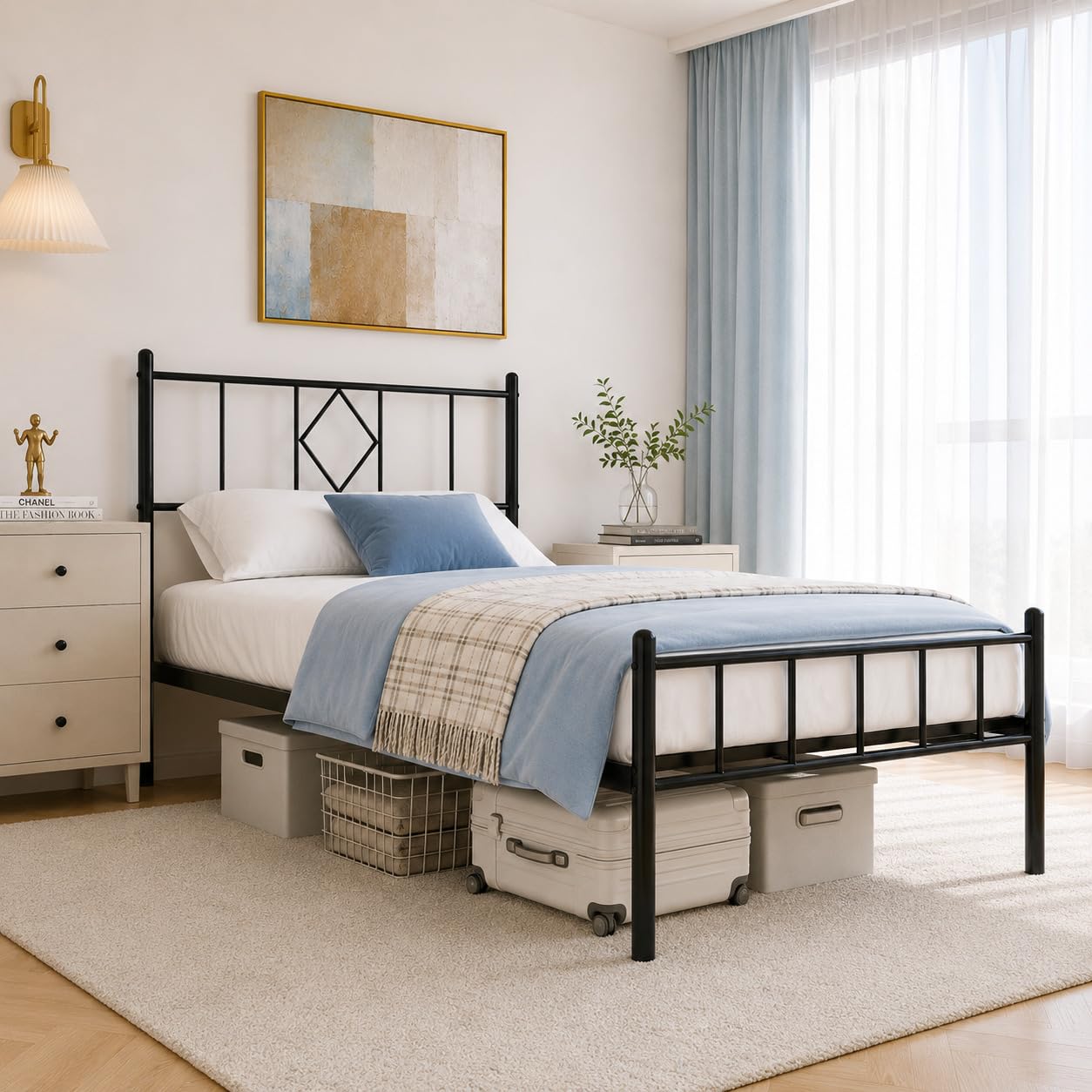 Bervinome Twin Size Platform Bed Frame, Heavy Duty Metal Bed Frame with Headboard, Steel Slat Support, Under Bed Storage Space, Easy Assembly, No Box Spring Needed, Black
