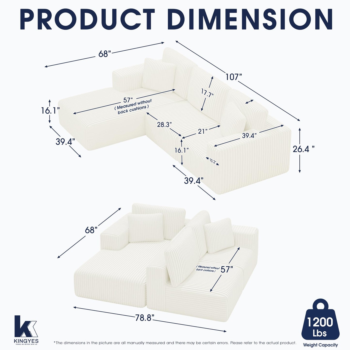KINGYES 107'' Modular Sectional Sofa, L Shaped Cloud Couch for Living Room, Modern Boneless Sofa with Chaise for Bedroom, Beige