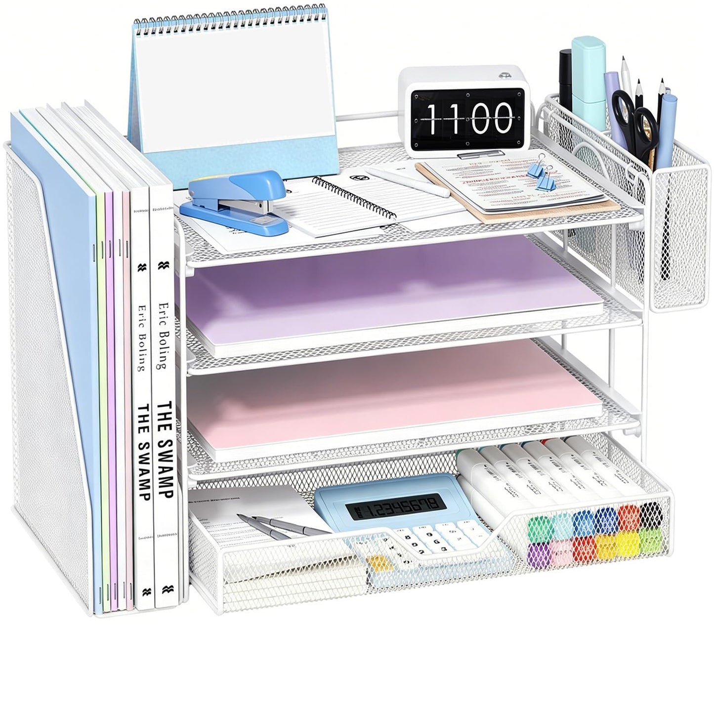 OPNICE 4-Tier Desk Organizer and Accessories, Desktop File Organizer with Drawer, Pen Holder and File Holder, Paper Letter Tray Organizer, Office Desk Accessories for Home Office Supplies, White