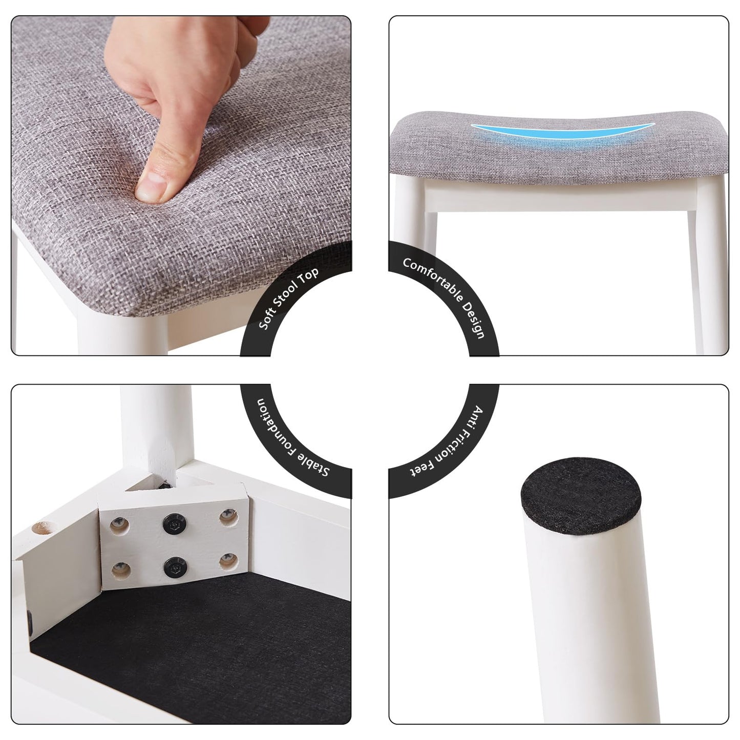 IBUYKE Saddle Cushion Vanity Stool Chair, Foot Rest Stool with Solid Wood Legs, Modern Vanity Bench Ottoman for Piano, Upholstered Seat for Bedroom, Entryway, White Legs&Light Gray WBD007WG