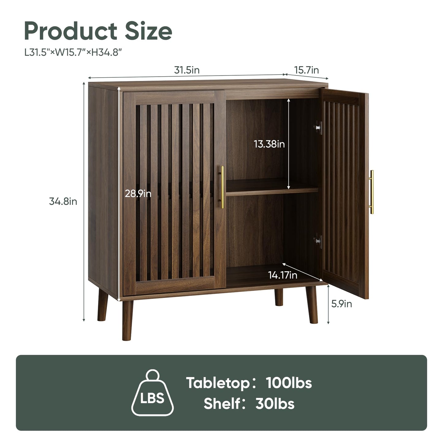 Smart FENDEE Sideboard Cabinet, 31.5" W Farmhouse Buffet Cabinet with Slatted Doors & Adjustable Shelf, Wood Coffee Bar Storage Station for Kitchen, Dining Room, Living Room, Entryway, Walnut Color
