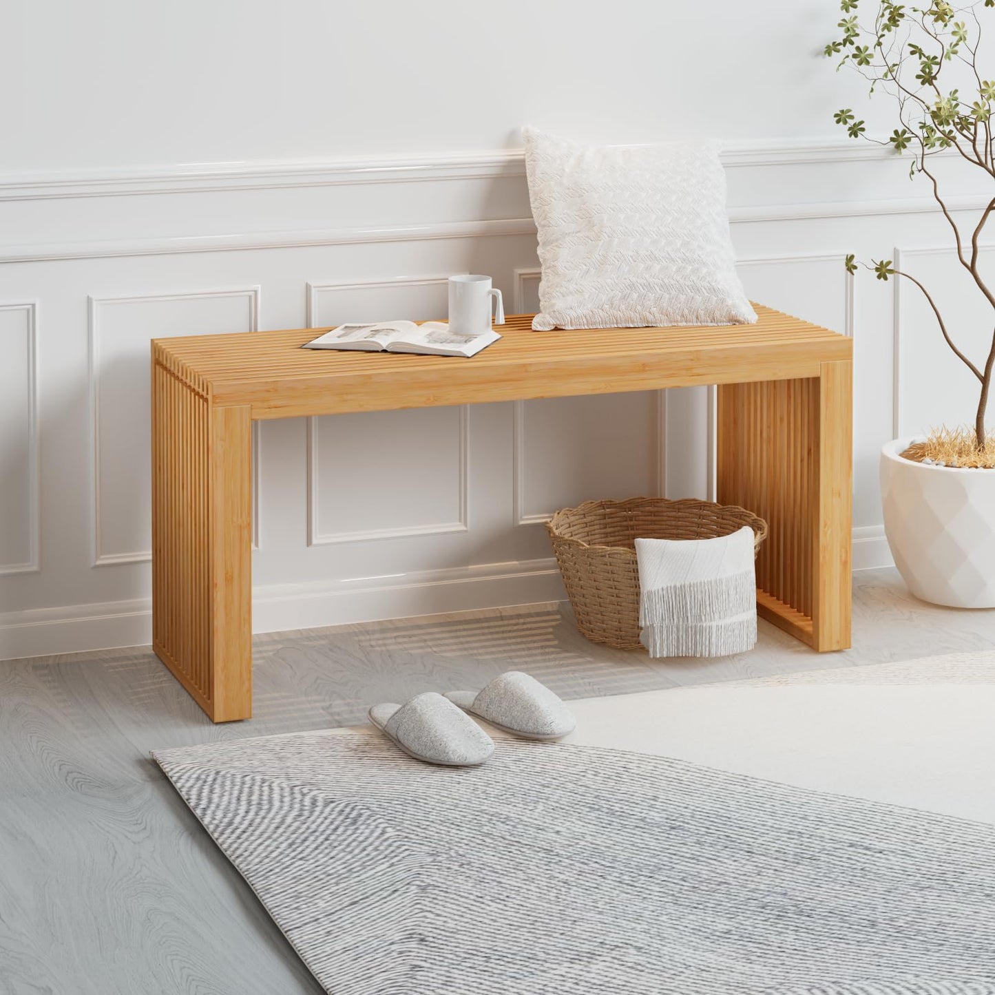 APRTAT Bamboo Dining Bench Indoor Long Entryway Shoe Rack Benchs,Outdoor Modern Wood Benches 35 Inch Bamboo Bench for Living Room Hallway Bedroom Bathroom
