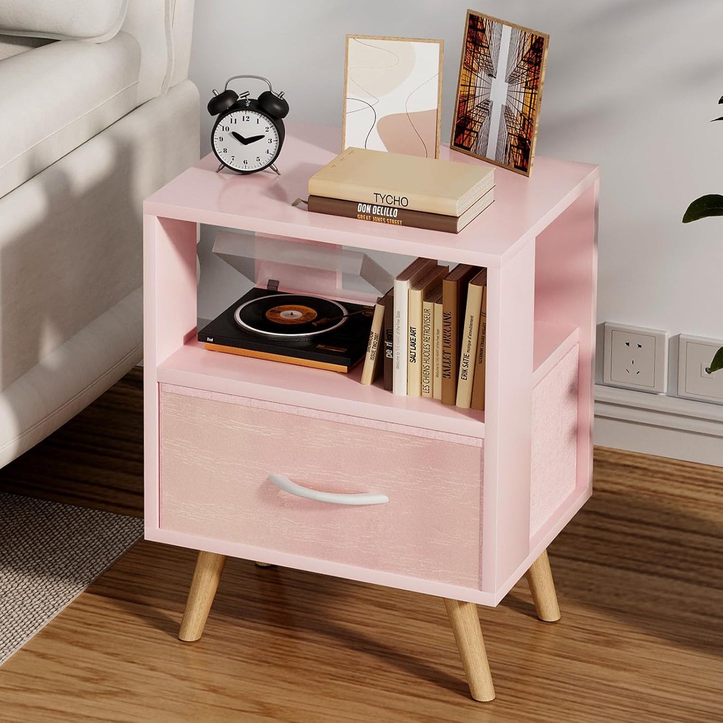 Aenuert Night Stand, Pink Kids Nightstand with Drawer, Nursery Side Table with Open Storage, 2-Tier Modern End Table, Bedside Table for Small Space, Living Room, Bedroom
