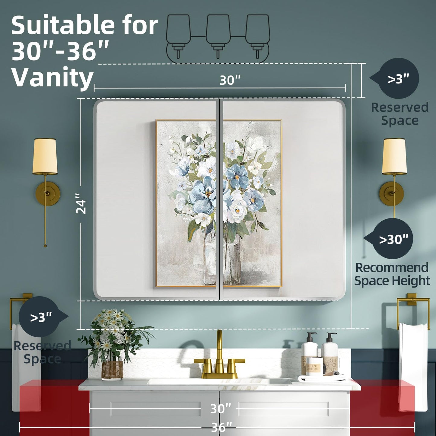 YTSMIR Bathroom Medicine Cabinet with Mirror 24x30Inch, Silver Medicine Cabinet Recessed or Surface Wall-Mounted, Mirrored Cabinets with Sturdy Metal Adjustable Shelves for Bathroom Vanity