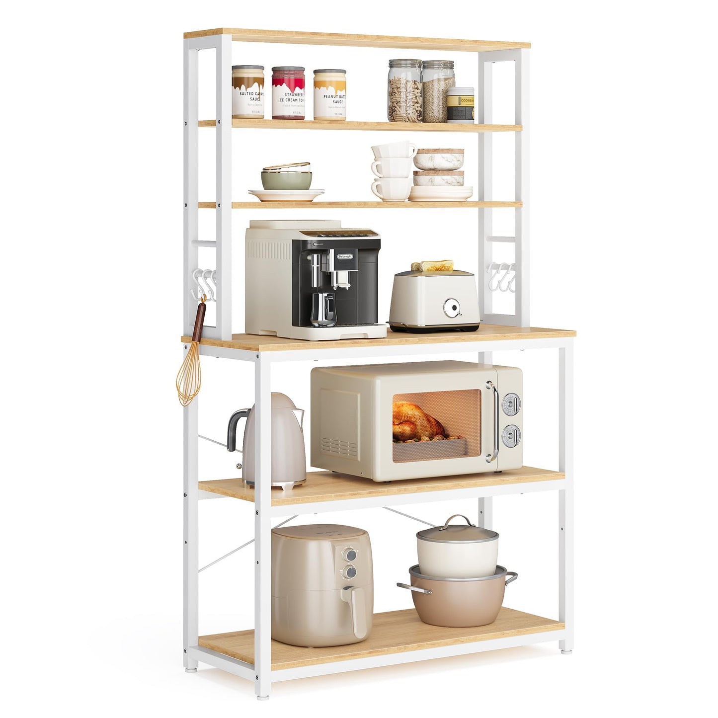 VASAGLE Coffee Bar, 31.5 Inches Baker's Rack for Kitchen with Storage, 6-Tier Kitchen Shelves with 6 Hooks, Microwave Stand, Modern, Golden Oak and Cloud White UKKS019W09