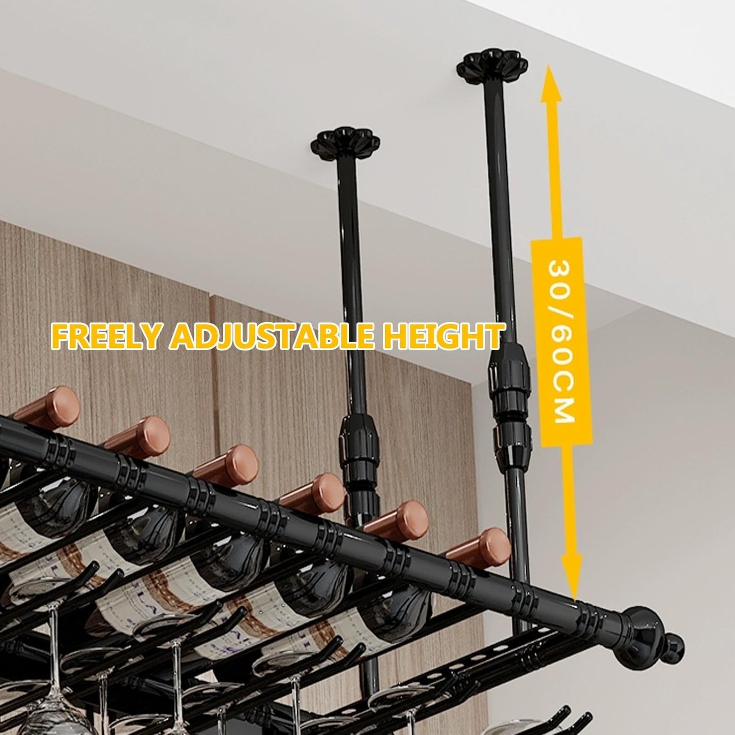 Bar Hanging cafe Wine Bottles Racks, Modern Stylish ceiling shelf Wine Racks for Home Display, Metal wall mounted Wine Bottle Glass Holder, Floating Storage Shelves Wine Cups Hanging rack(Black,60cm)