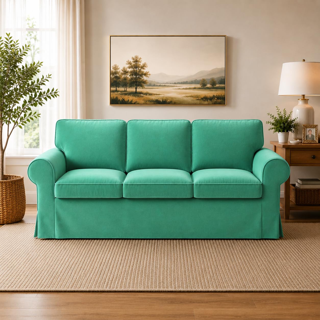 Velvet Pet-Friendly Replacement Sofa Cover Compatible for IKEA Ektorp 3 Seat Sofa Slipcovers, Couch Cover Only, 7-Piece Slipcover, Cyan, Couch Cover Not Include The Sofa Body