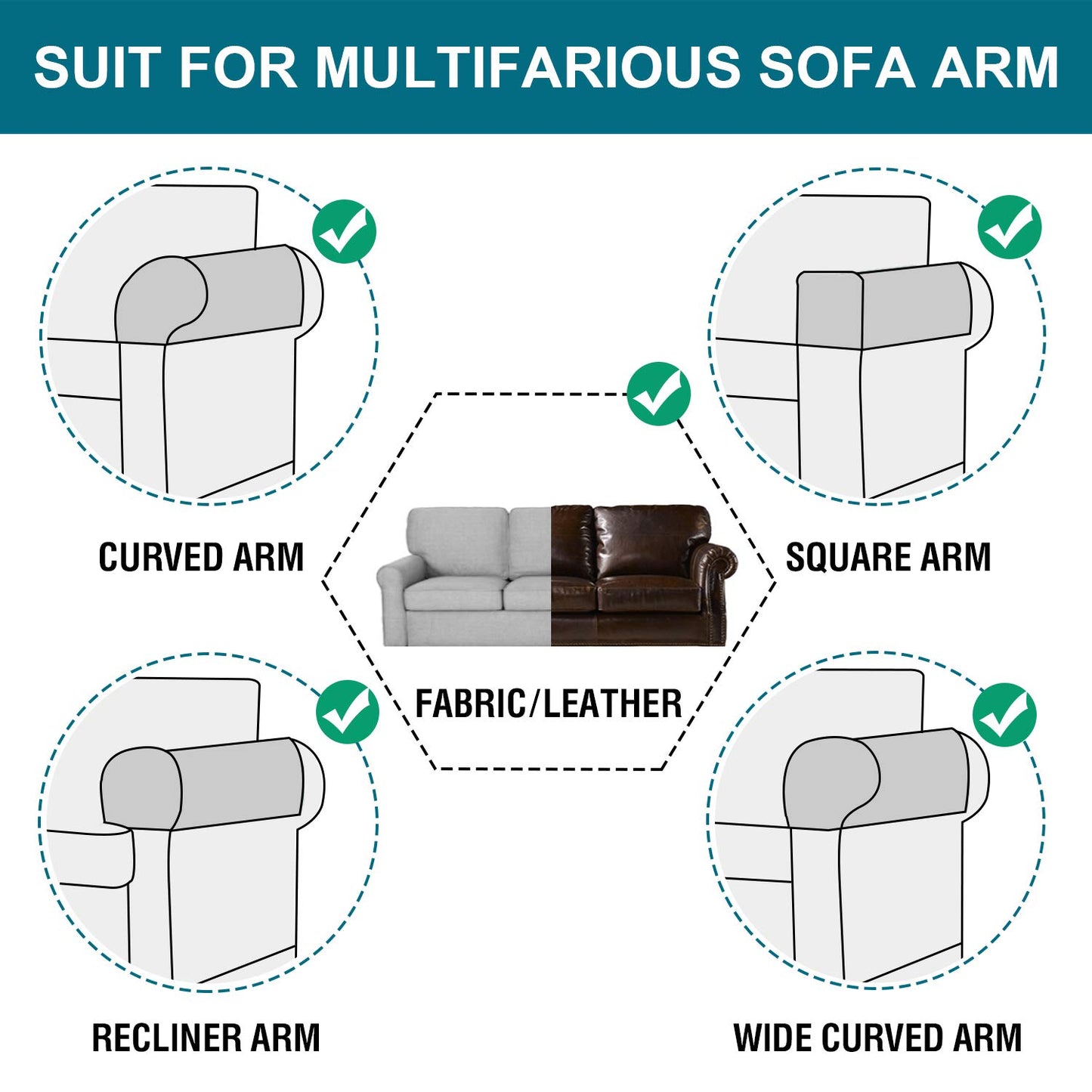 Turquoize Stretch Armrest Covers for Chairs and Sofas Couch Arm Covers for Sofa Spandex Jacquard Armrest Cover Anti-Slip Furniture Protector Armchair Slipcovers for Recliner Set of 2, Dark Cyan