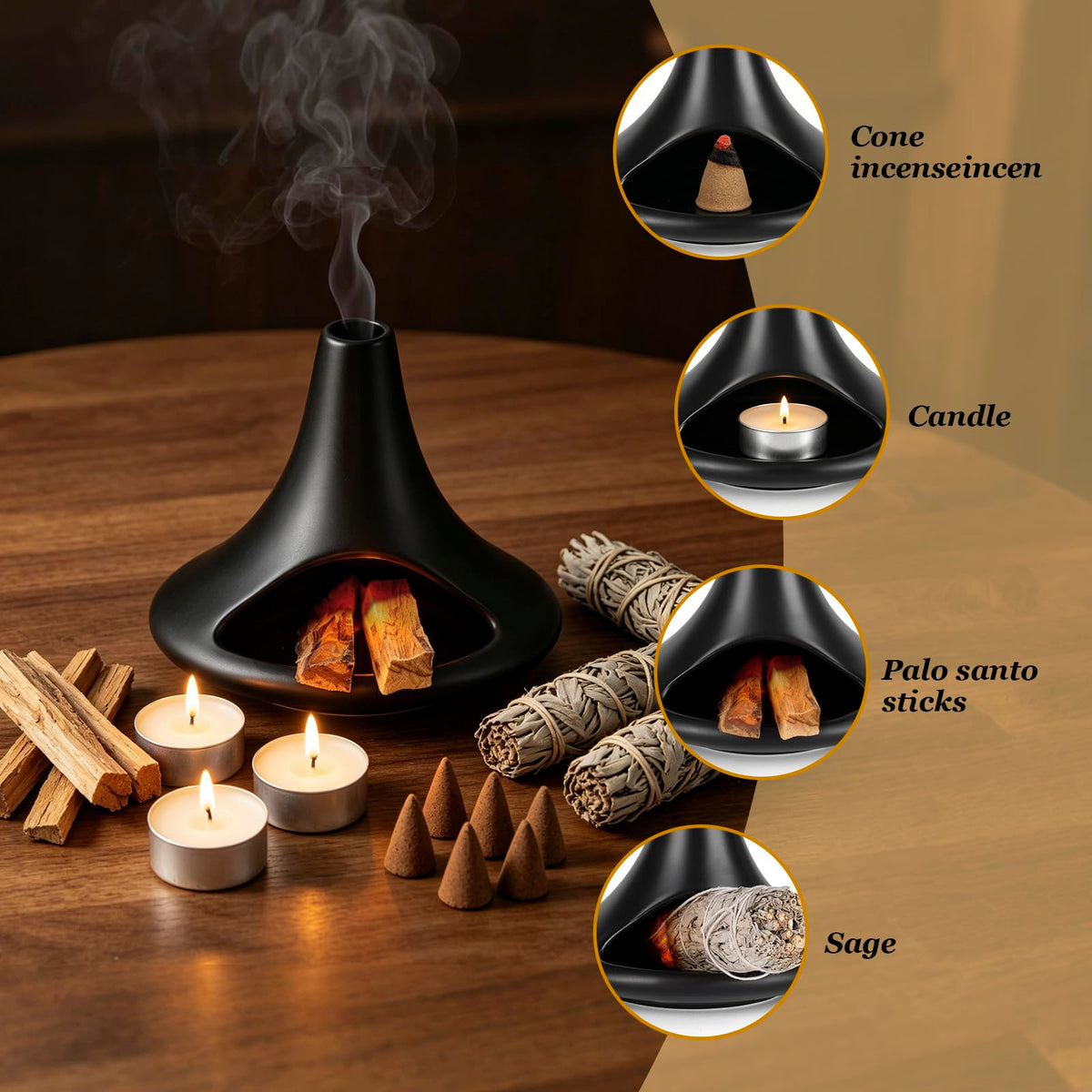 Ceramic Palo Santo Holder Chiminea Shape Burner, Mini Smudge Bowl with Ash Catcher for Incense Cones & Candles, Palo Santo Sticks, for Meditation, Yoga, Cleansing Ceremony, Handmade (Matte Black)