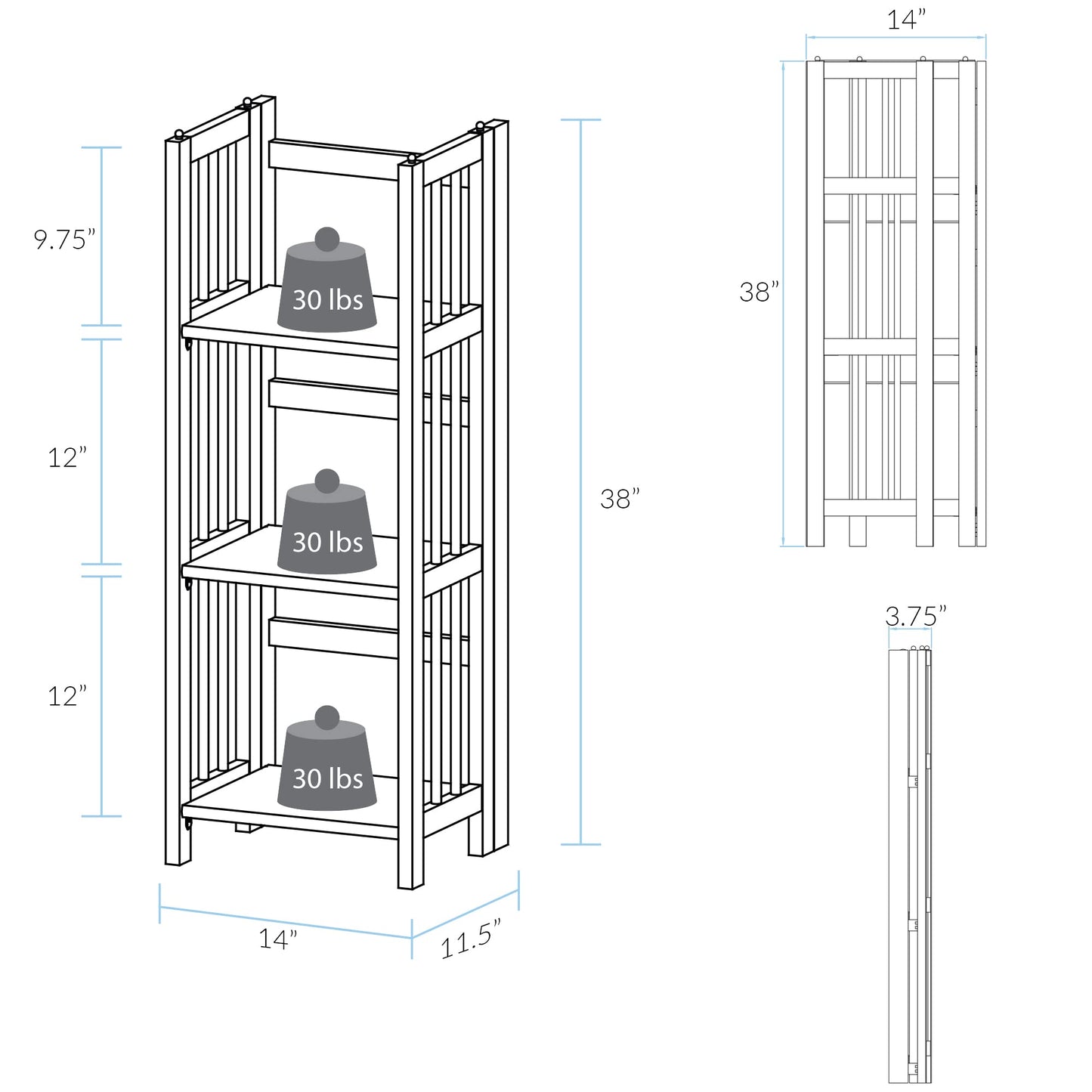 Casual Home 3-Shelf Folding Bookcase, 14" Wide, White