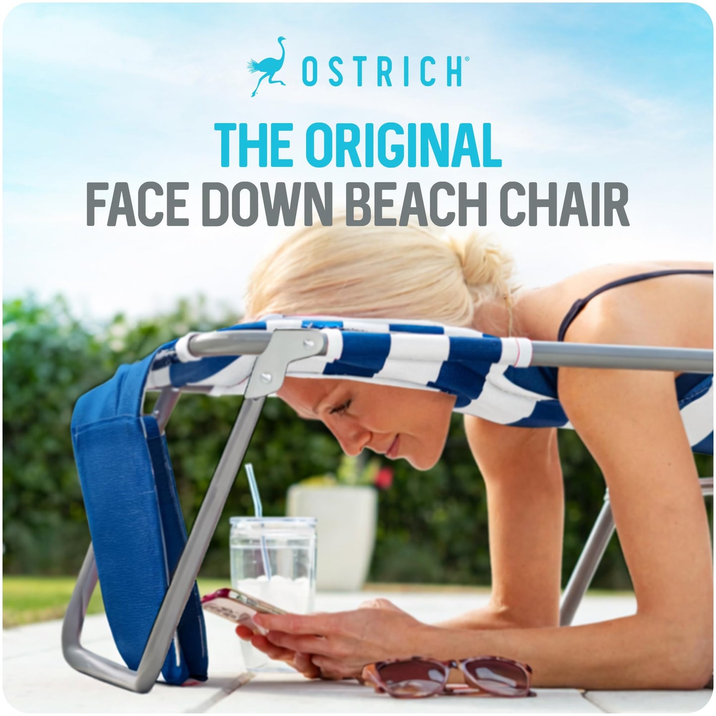 Ostrich the Backpack 3N1 Portable Chair with Cooler Bag and Reclining Lounger for Tanning, Camping, Beach, and Outdoor Essential, Blue Stripe