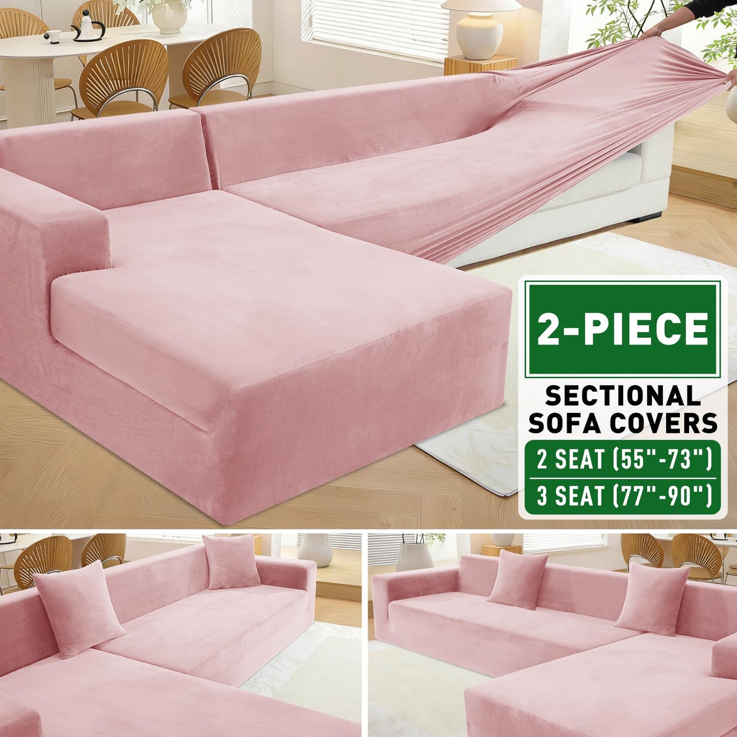 ZNSAYOTX 2026 Soft Velvet Sectional Couch Covers, Luxury Plush Slipcovers with Elastic Bottom for L Shape Sectional Sofa, 2 Pcs Pet Friendly Protector (3 Seat Couch + 2 Seat Chaise, Rose)