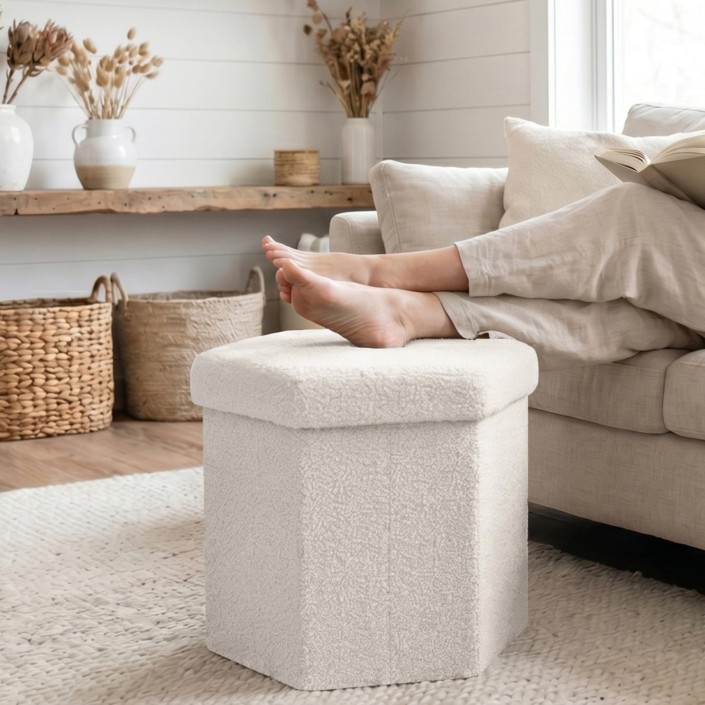 ZOLANOful Hexagon Storage Ottoman, Foldable Boucle Footrest with Hidden Storage, Upholstered Ottoman Footstool for Living Room, Bedroom, Dorm, Entryway, 15 x 16.9 x 15 Inches, White