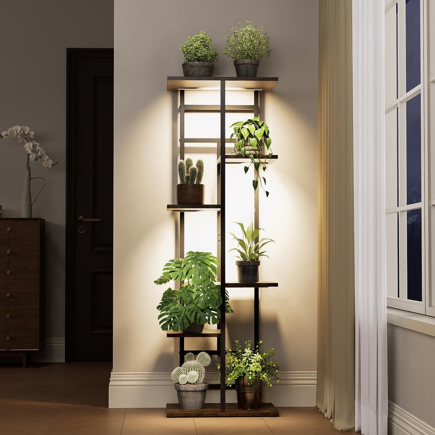 Forotone Plant Stand Indoor with Grow Lights, 6-Tiered Tall Plant Stand Metal Metal Corner Large Plant Shelf Display Rack Holder for Patio Living Room Balcony