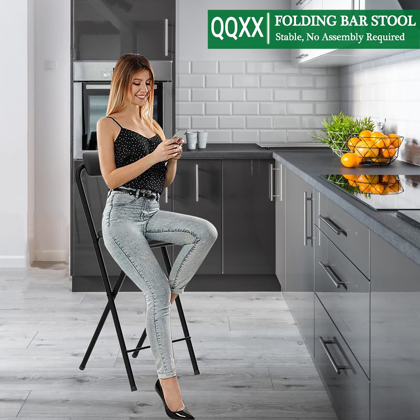 Folding Bar,Folding with Back Support & Footrest,Counter Height Padded Seats,Foldable s for Adults Portable,Outdoor,Kitchen,Shop,Cafe(25.5inch seat heightBlack)