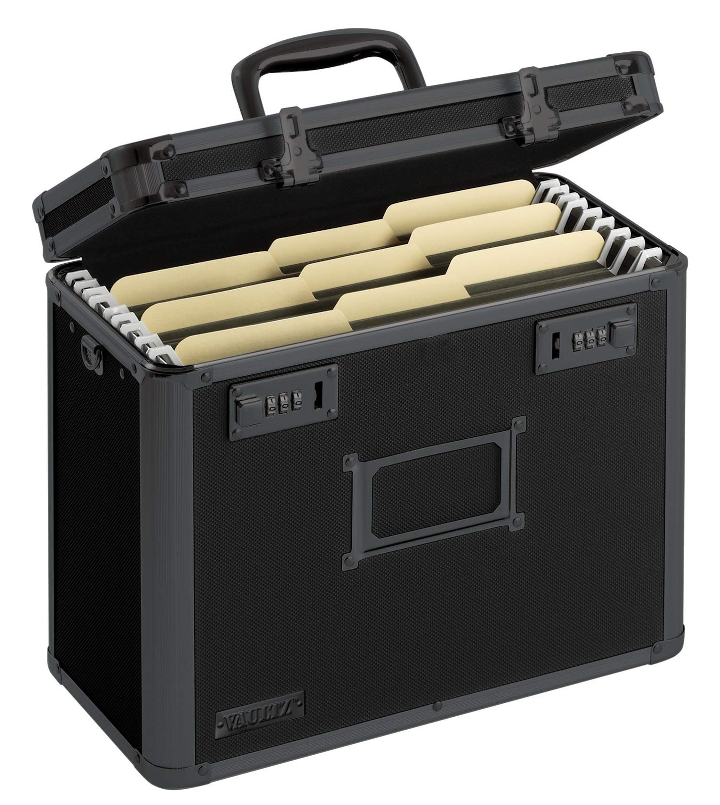 Vaultz File Organizer Storage Box - 14 x 7 x 12.19 Inch Letter Size, Portable Locking Storage Totes with Dual Combination Locks for Filing Office Documents - Super Tactical