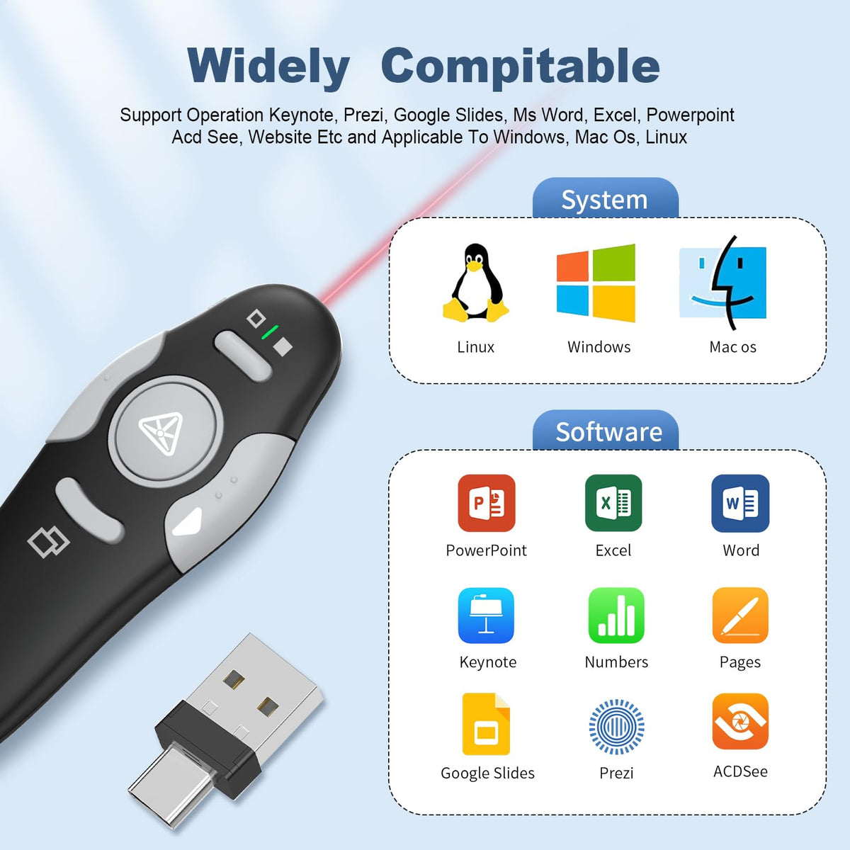 QUI 2 Pack Presentation Clicker, Wireless Presenter Remote Clicker for PowerPoint, Slide Advancer for Mac, Windows, Google Slide, Keynote (USB Type-c, Black Blue)