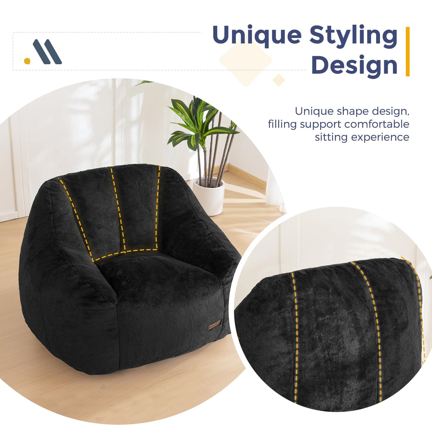 MAXYOYO Bean Bag Chair, Comfy Bean Bag Sofa with Back Support, Faux Fur Bean Bag Chair for Adults and Kids, Stuffed Floor Sofa for Living Room, Bedroom, Apartment, Black