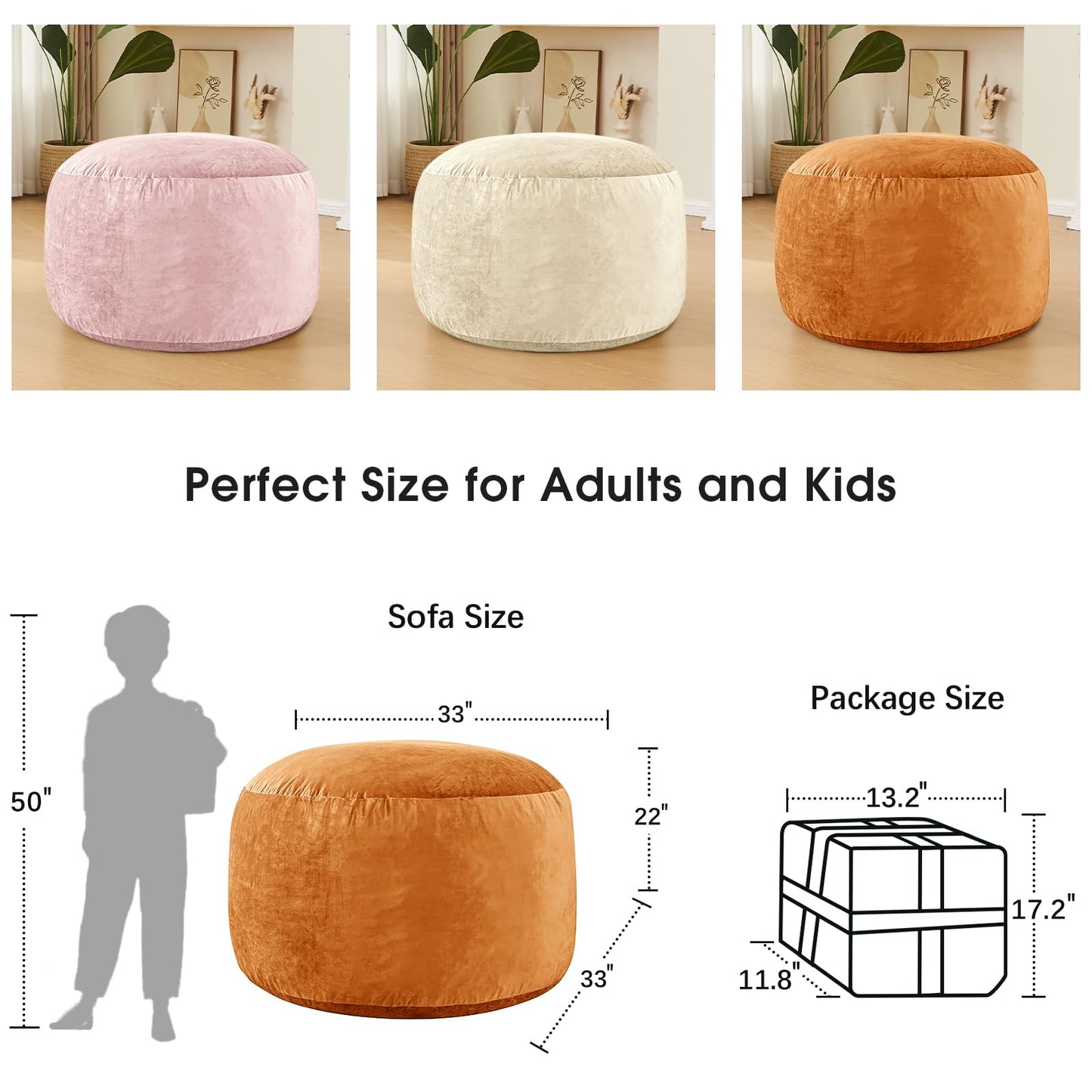 ILPEOD Bean Bag Chairs for Adults - Memory Foam Furniture BeanBag Chair - Kids/Teens Sofa with Soft Micro Fiber Cover - Round Fluffy Couch for Living Room Bedroom College Dorm - 3 ft, Golden Brown