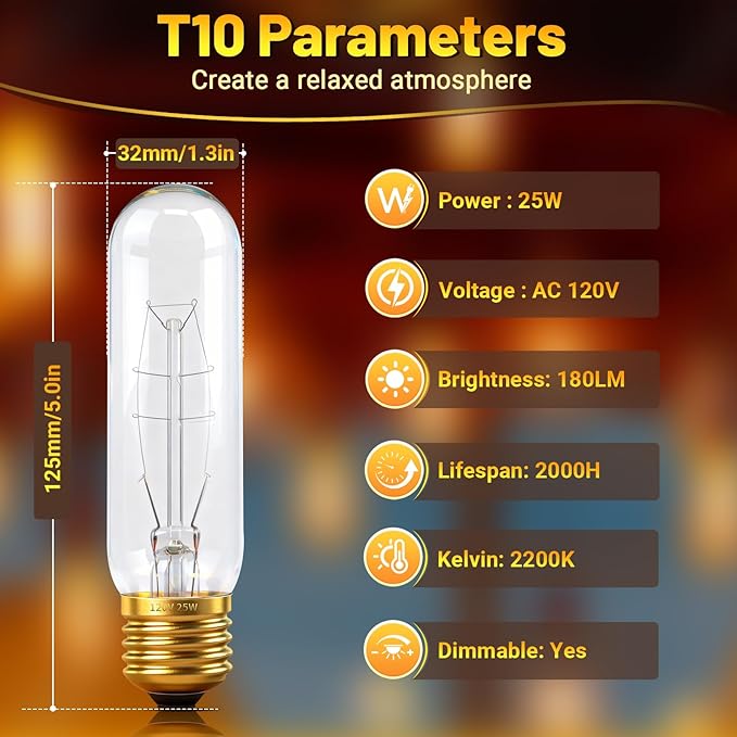 T10 Tubular Light Bulbs 25 Watt Incandescent Light Bulb, T10 Bulb, 120V 25W