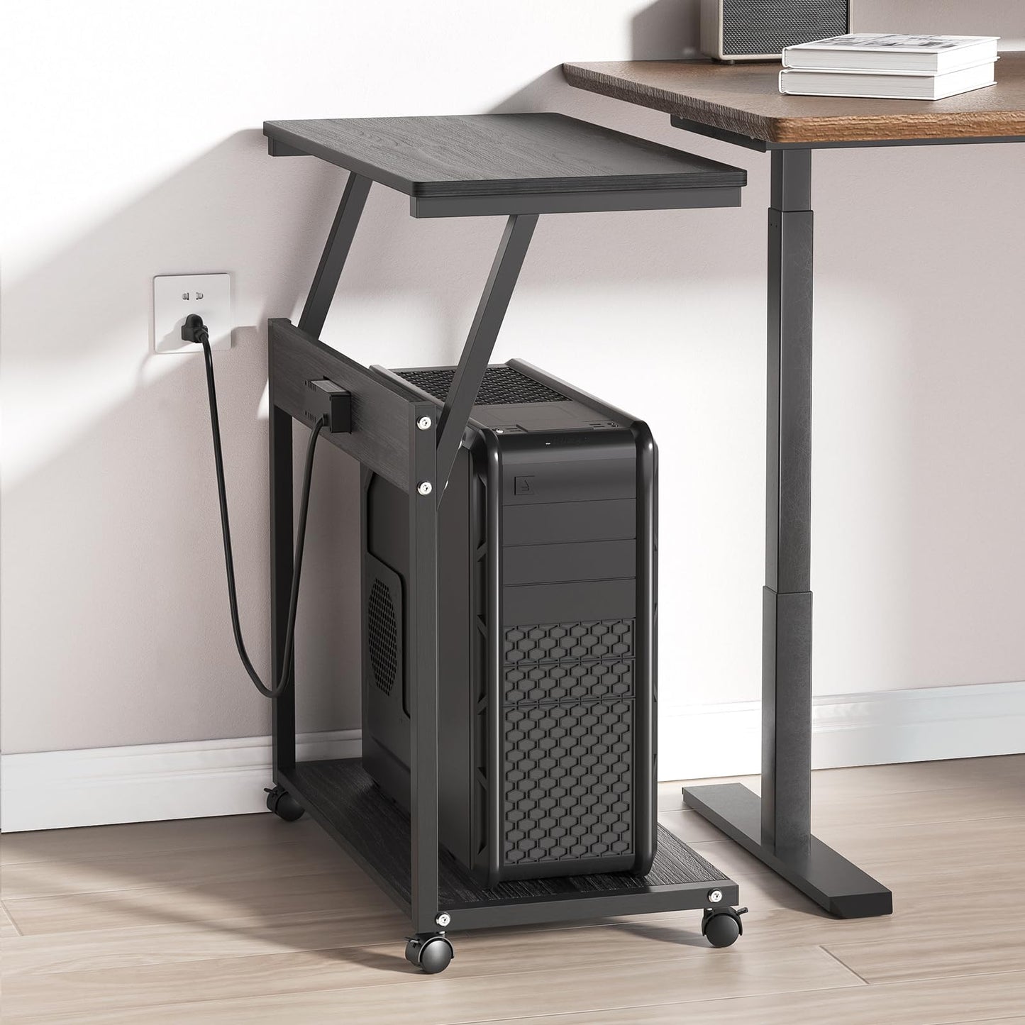 FANXIYQ Computer Tower Stand with 360° Locking Casters, 5 Height Adjustable Mobile CPU Cart, Under Desk PC Holder for Gaming Desktop, Home Office Organization, Black