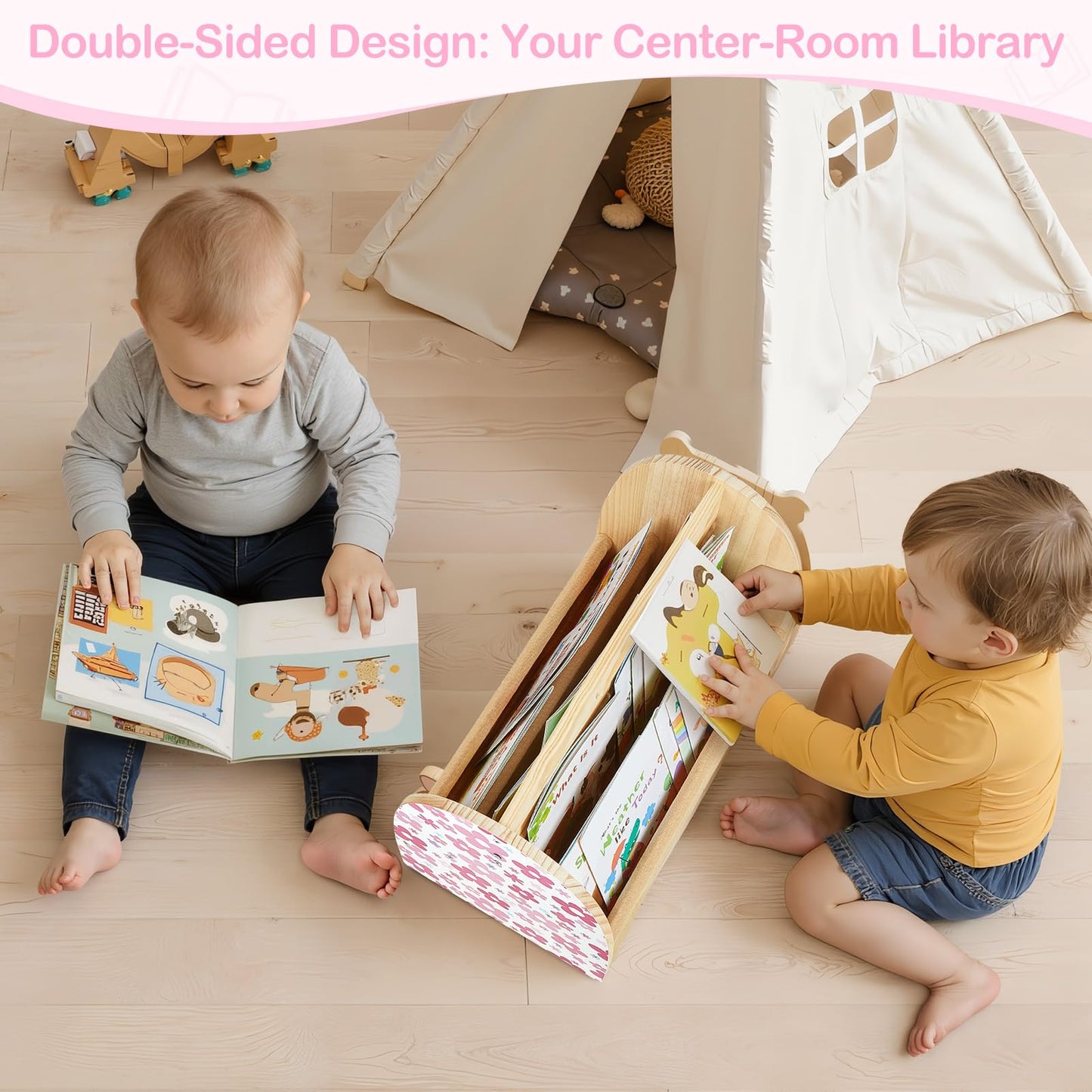 SheSeek Toddler Bookshelf Double-Sided with 4 Tier Deep Sleeves Kids Wooden Montessori Book Rack for Baby Nursery Room, Playroom, Classroom or Bedroom Bookcase Storage Organizer, Pink Flowers
