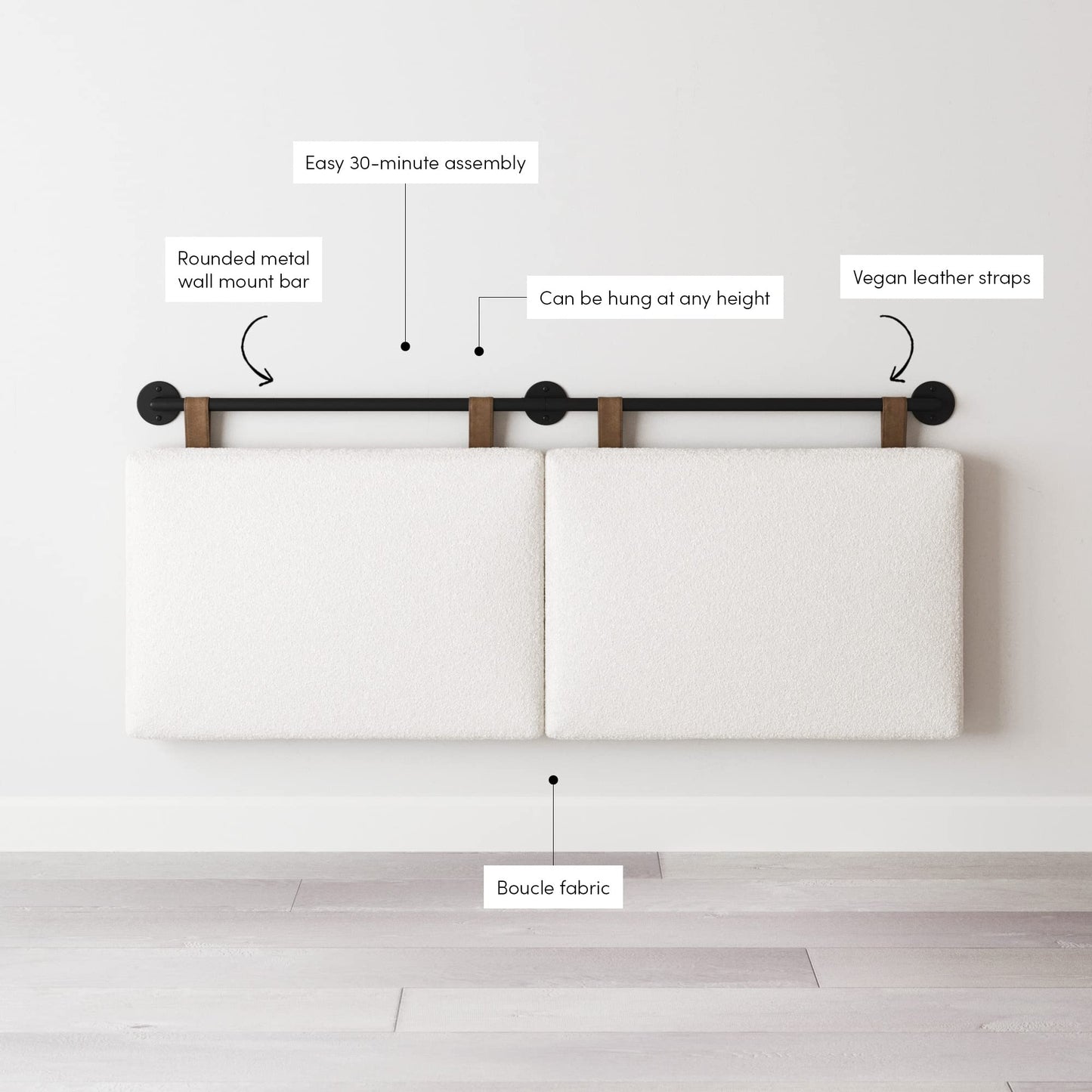Nathan James Charlie Wall Mount Hanging Upholstered Headboard, Queen, White Boucle with Brown Faux Leather Straps
