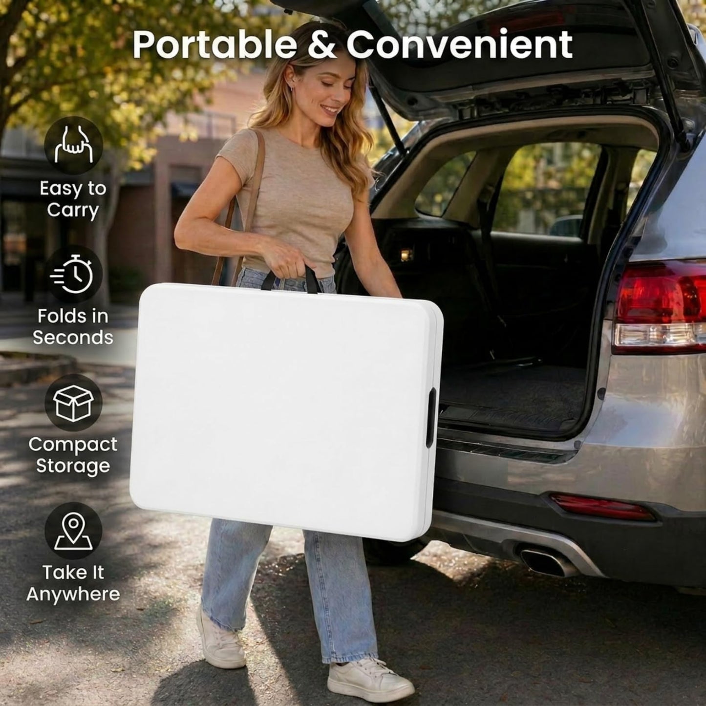 Set of 2 Folding Table 6 FT Lightweight Camping Table White Portable Plastic Rectangular Outdoor Dining Table Steel Legs Fold-in-Half with Carrying Handle for Indoor,Picnic,Party,Wedding,Events
