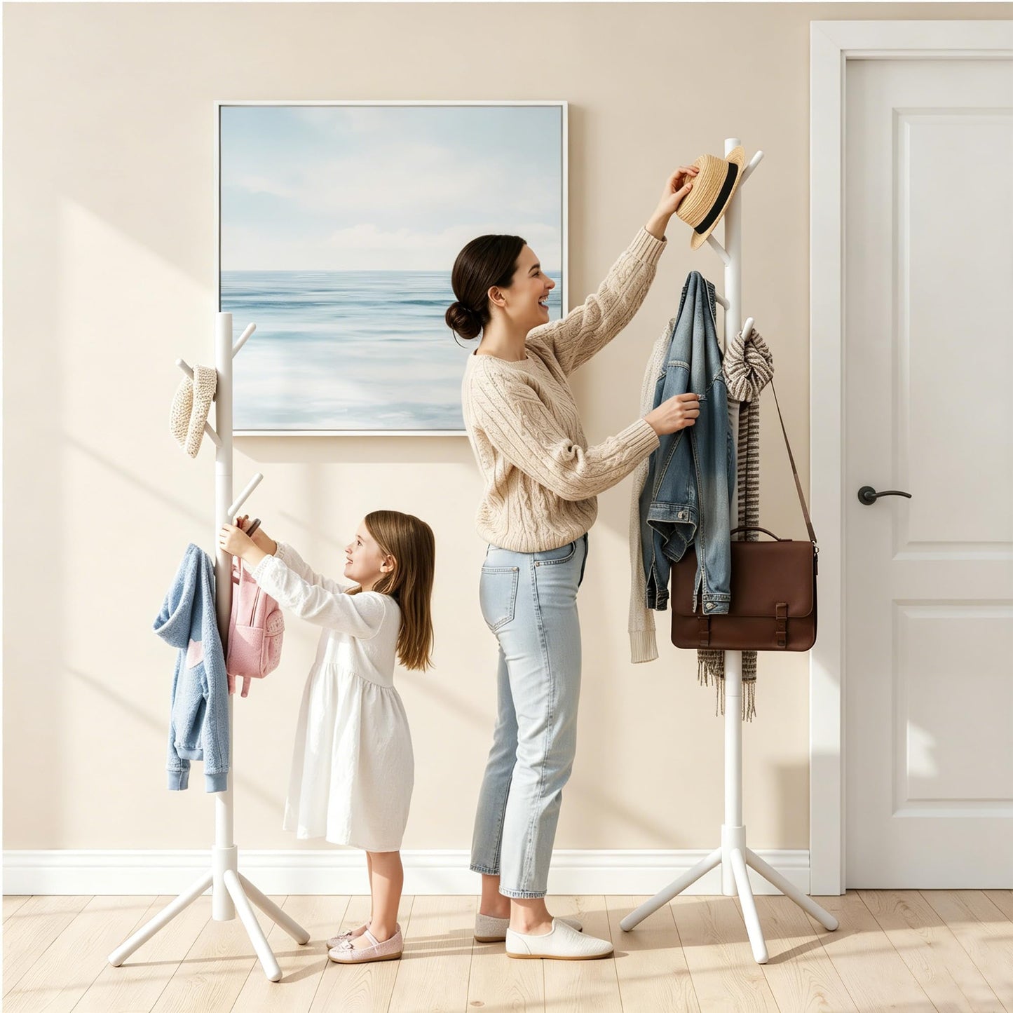 Freyawin Wooden Coat Rack Freestanding with 8 Hooks & 3 Adjustable Sizes for Clothes, Space-Saving Design for Bedroom Office Entrance Holds Hats Coats Scarves Bags