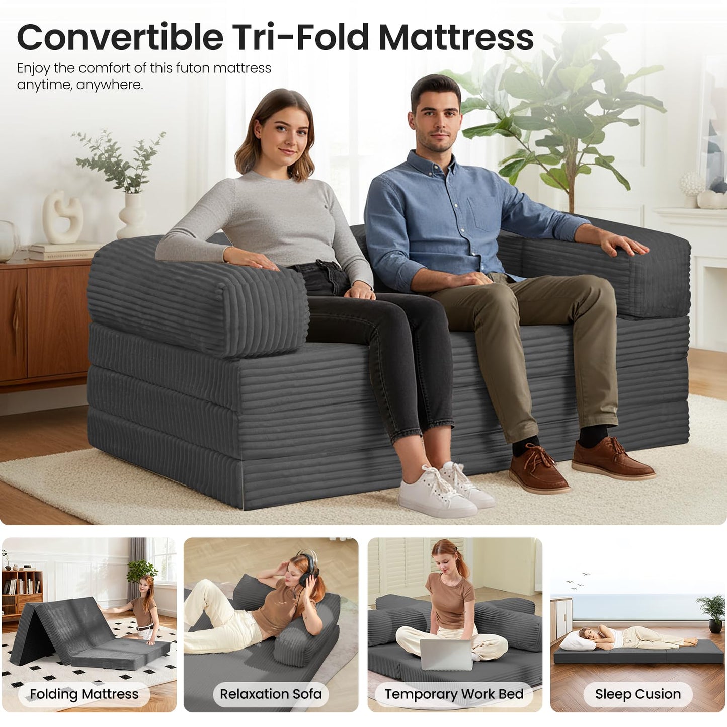 AOLVDOW Tri-Fold Foldable Mattress, Convertible Folding Sofa Bed with Removable Arms & Washable Cover, All-in-One Portable Mattress Floor Sofa Bed, No Assembly Required & Non-Slip, Queen Size, Grey