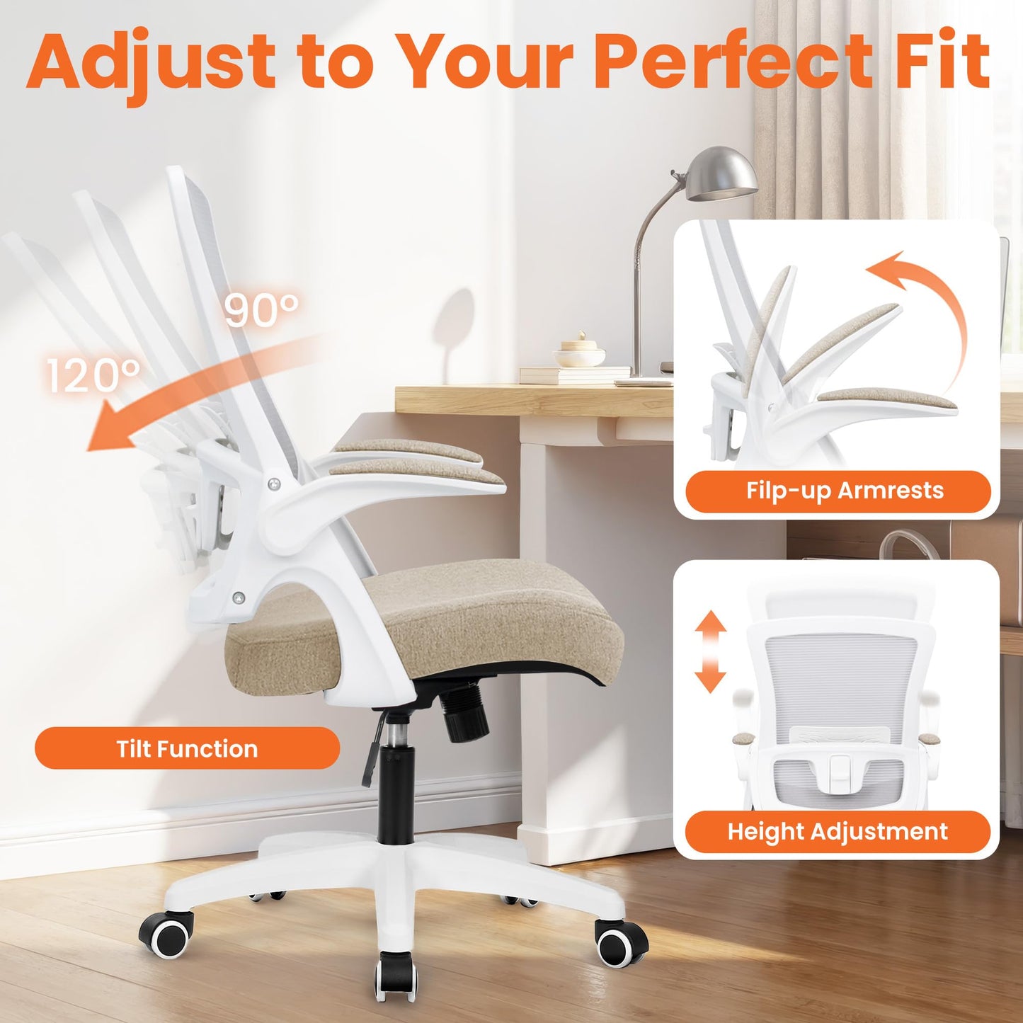 NEO CHAIR Office Desk Gaming Chair Computer High Back Mesh Seat with Rolling Wheels Ergonomic Adjustable Comfy Flip-up Armrests Lumbar Support Height for Home (Beige)