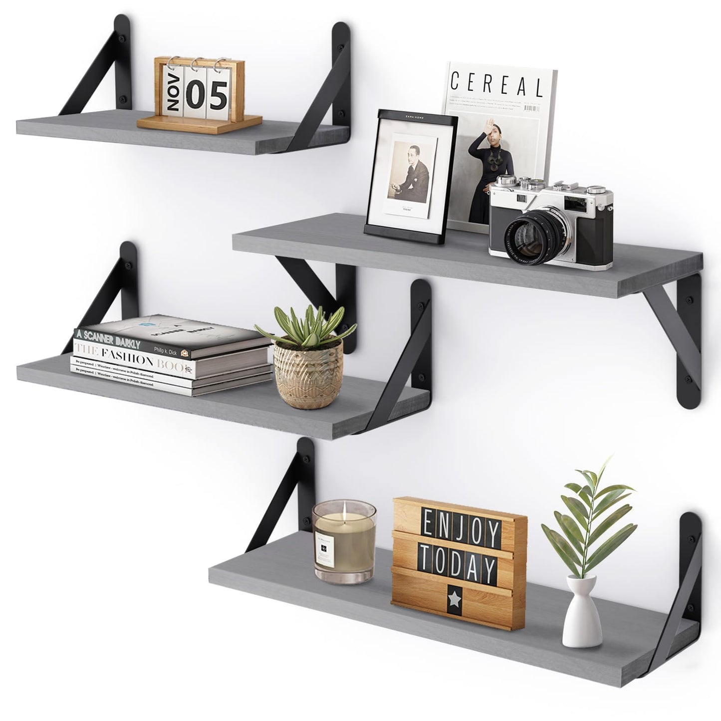 YGEOMER Floating Shelves for Wall, Different Sizes Gray Wall Shelves for Living Room, Bathroom, Bedroom, Kitchen, Home Decor (Set of 4)