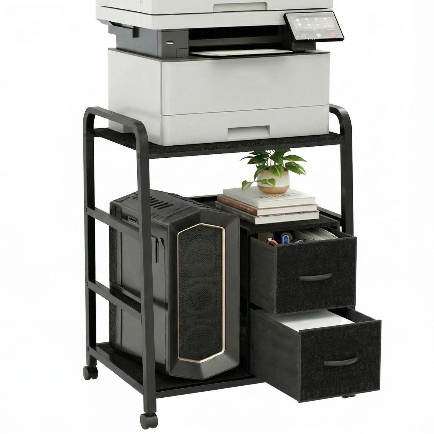 ZEXVIDA Printer Stand Featuring Fabric Drawers, Under Desk Host Computer Cabinet and Shredder Shelf, Heavy Duty Printer Stand with Storage Workstation Organization Printer Table for Home Office