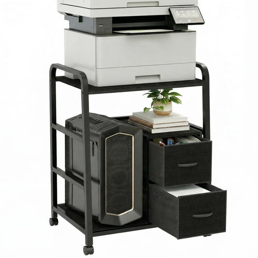 ZEXVIDA Printer Stand Featuring Fabric Drawers, Under Desk Host Computer Cabinet and Shredder Shelf, Heavy Duty Printer Stand with Storage Workstation Organization Printer Table for Home Office